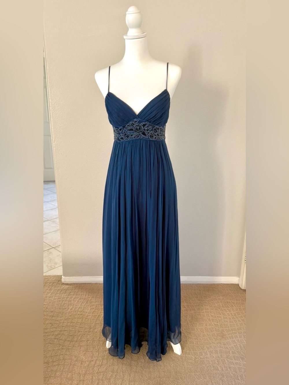 BCBG Navy Blue Beaded Empire Waist Chiffon Maxi Dress